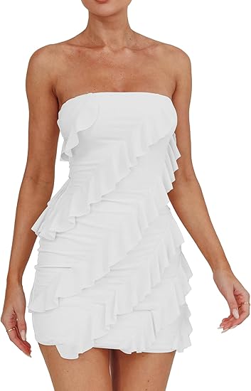 Women's Sexy Strapless Tube Top Bodycon Sleeveless Ruffle Mini Homecoming Dresses