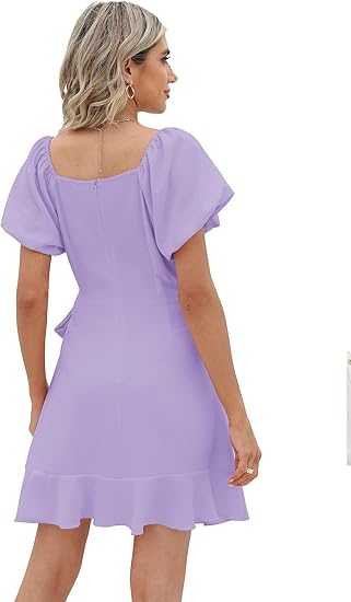 Womens Summer Dresses Square Neck Puff Sleeve Tie Waist  Homecoming Dresses