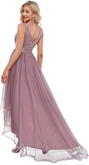Women's V Neck Pleated Waist Short Sleeve Prom Dresses