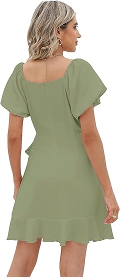 Womens Summer Dresses Square Neck Puff Sleeve Tie Waist Homecoming Dresses