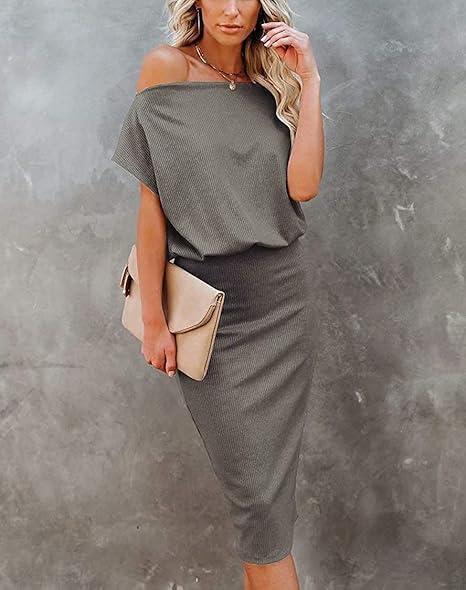 The Shoulder Short Sleeve Ribbed Casual Party Full Of Charm Evening Dress