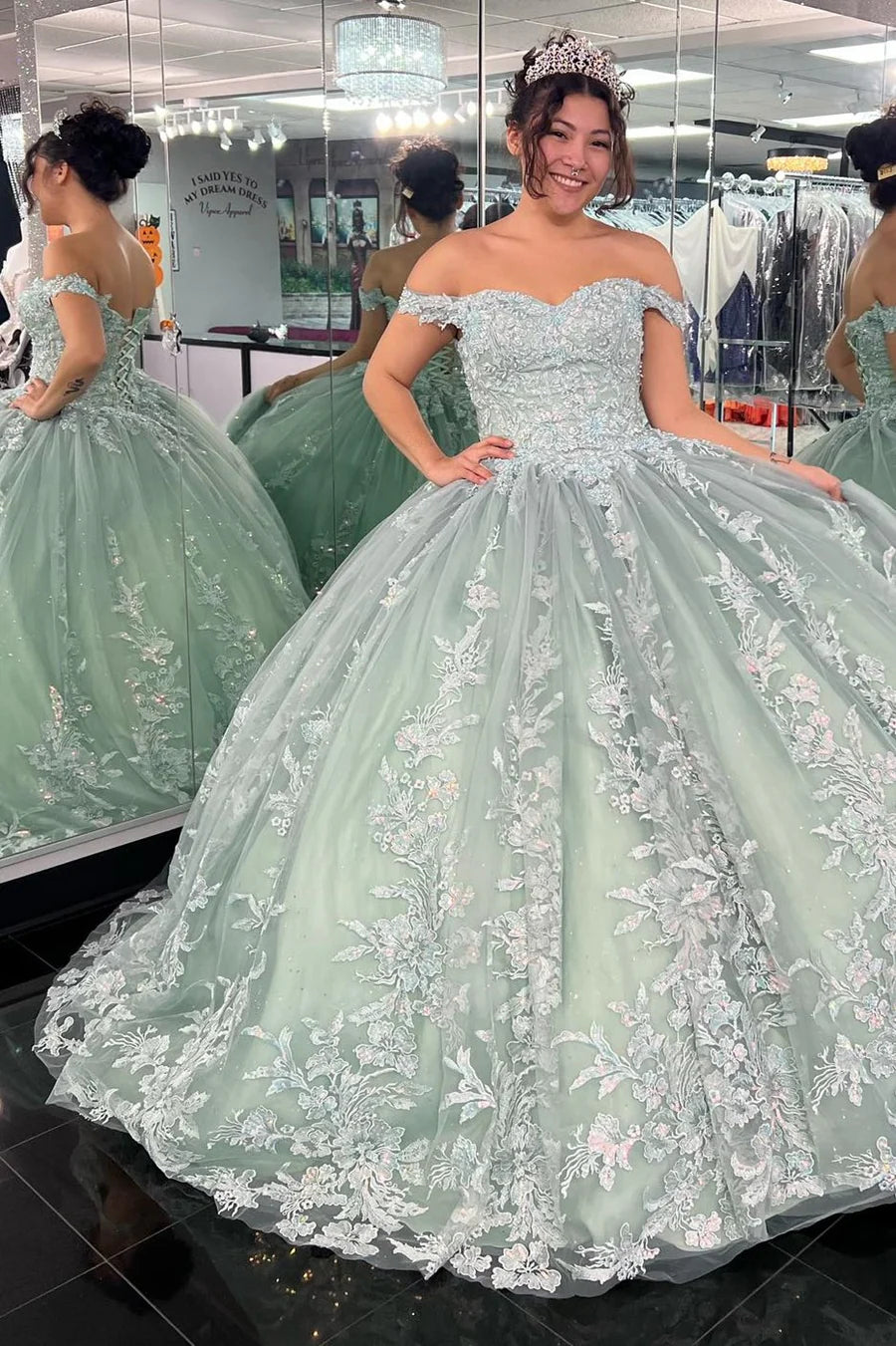 Off-the-Shoulder Dusty Sage Appliques Ball Gown