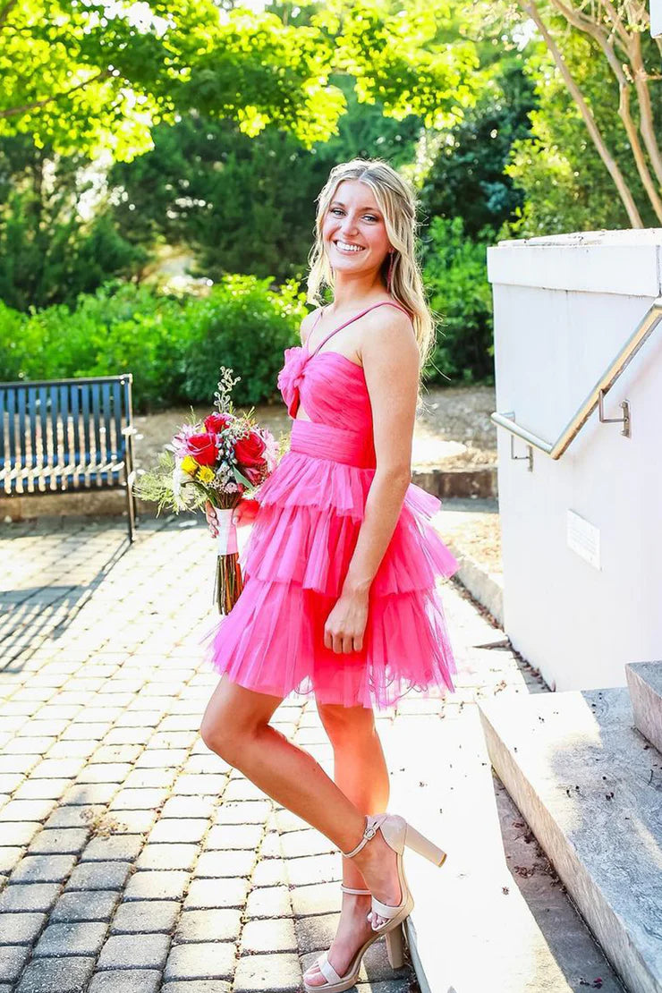 Cute A Line Straps Pink Tulle Short Unique Design Homecoming Dress