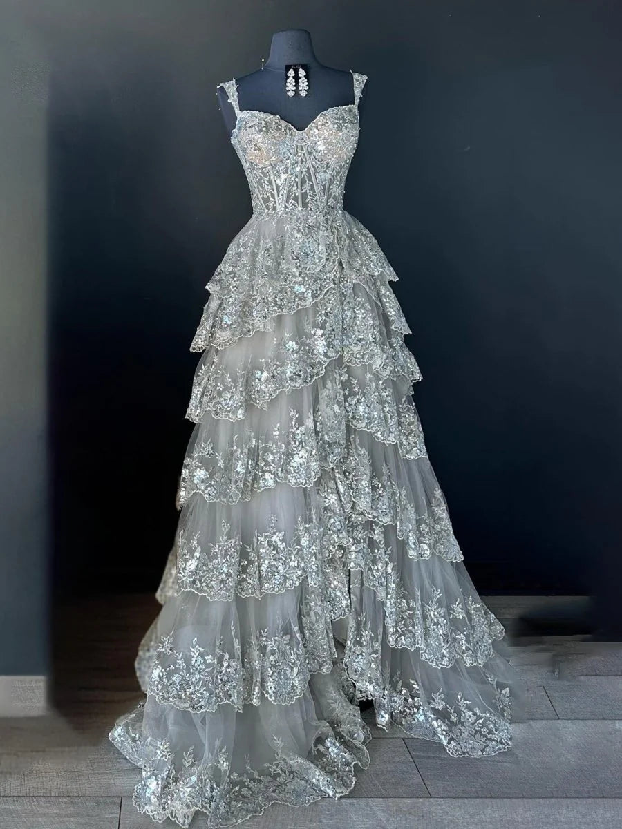 A-Line Lace Off-the-Shoulder Tiered Long Shiny and sparkling Prom Dress