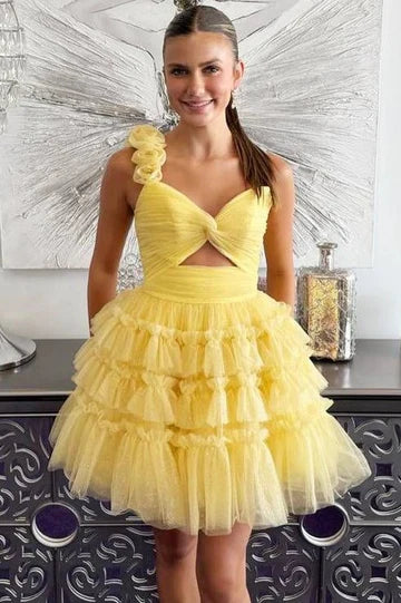 One Shoulder Light Blue A-Line Layered Tulle Homecoming Dress