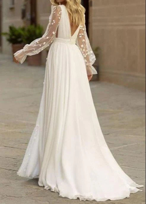 Long Sleeve Boho Flowy Wedding Dress Lace A-Line V-Neck Beach Gown with Split Front and Sweep Train