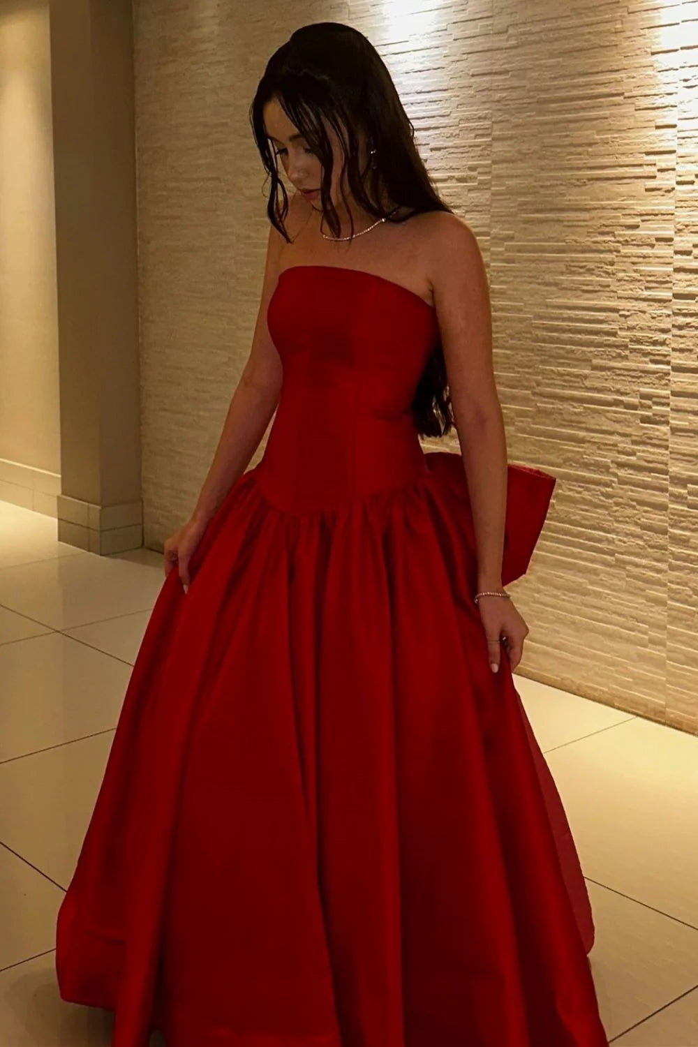 Charming A Line Strapless Red Long Full Of Charm Prom Dress