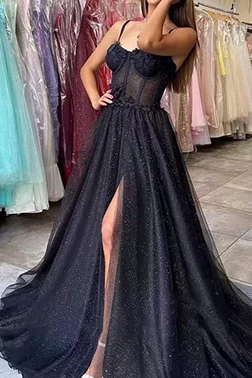 Black Floral Lace Straps A-Line Unique Design Prom Dress