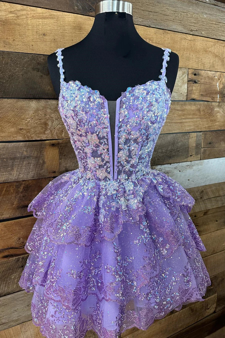 Lavender Tulle Sequin Lace-Up Tiered Homecoming Dresse