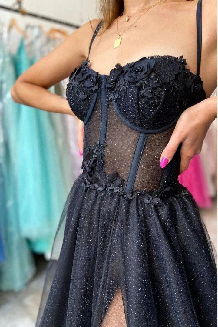 Black Floral Lace Straps A-Line Unique Design Prom Dress