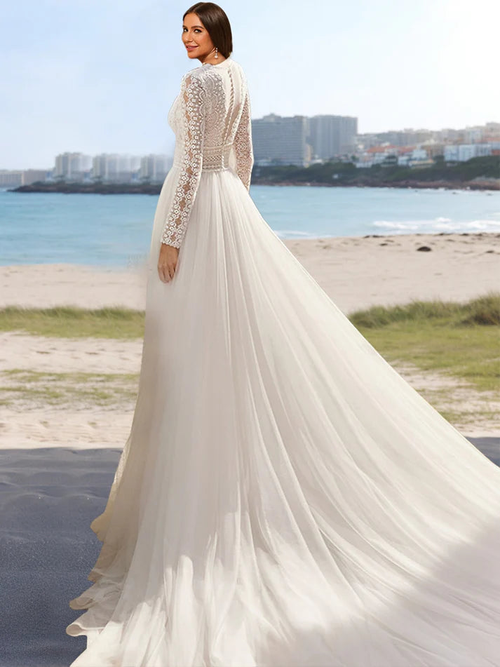 A-Line/Princess V-Neck Long Sleeves Lace   Retract Your Waist Wedding Dresses