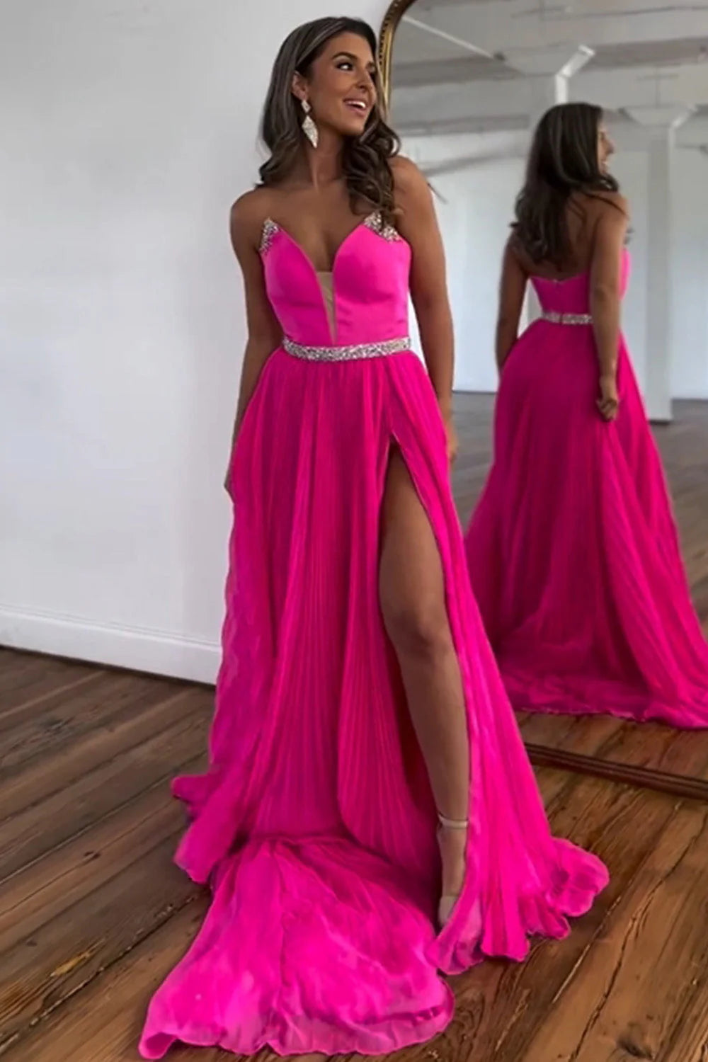 Hot Pink Strapless A-Line Sweep Train Unique Design Prom Dress