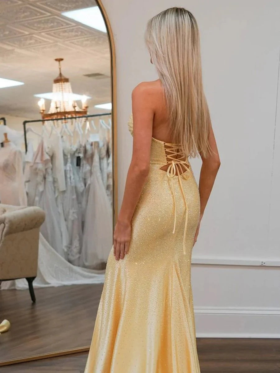 Glitter Mermaid Yellow Sweetheart Cut-out Long Retract Your Waist Party Dress