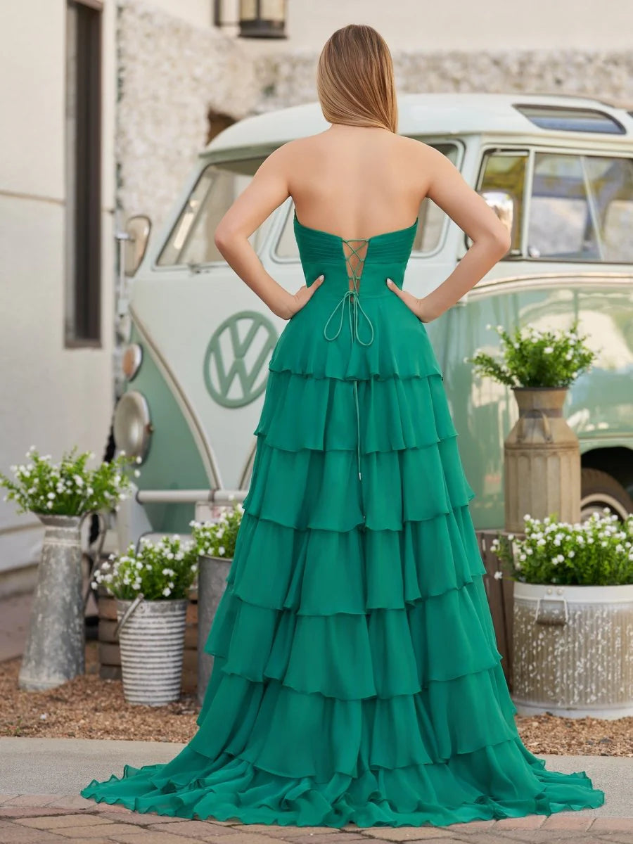 A-Line Strapless V-Neck Layered Chiffon Sleeveless Retract Your Waist Party Dress