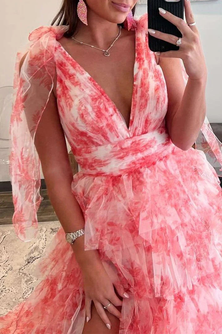 V-Neck Tie Straps Red Floral Print Layered Long Party Dress