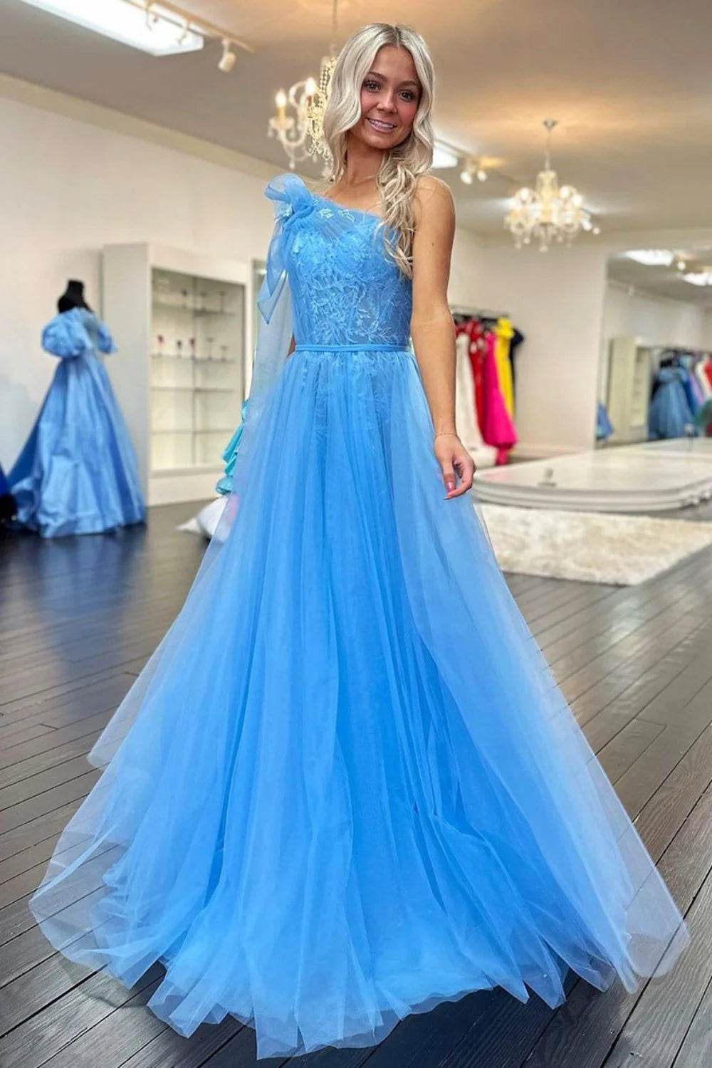 Charming A Line One Shoulder Blue Long Full Of Charm Evening Dresses