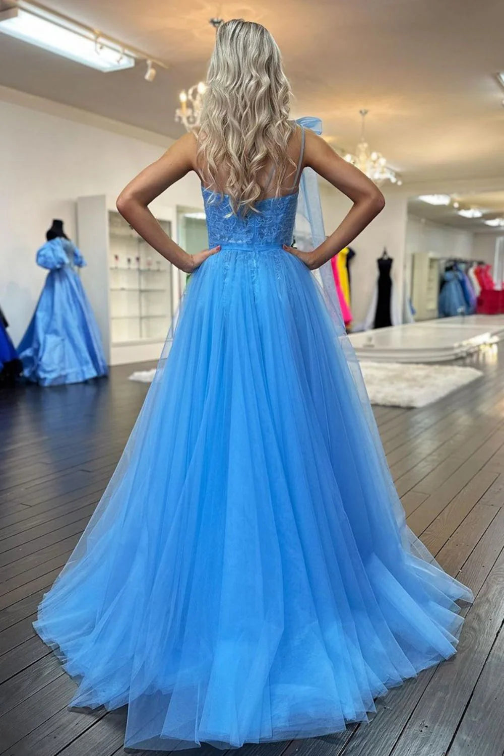 Charming A Line One Shoulder Blue Long Full Of Charm Evening Dresses