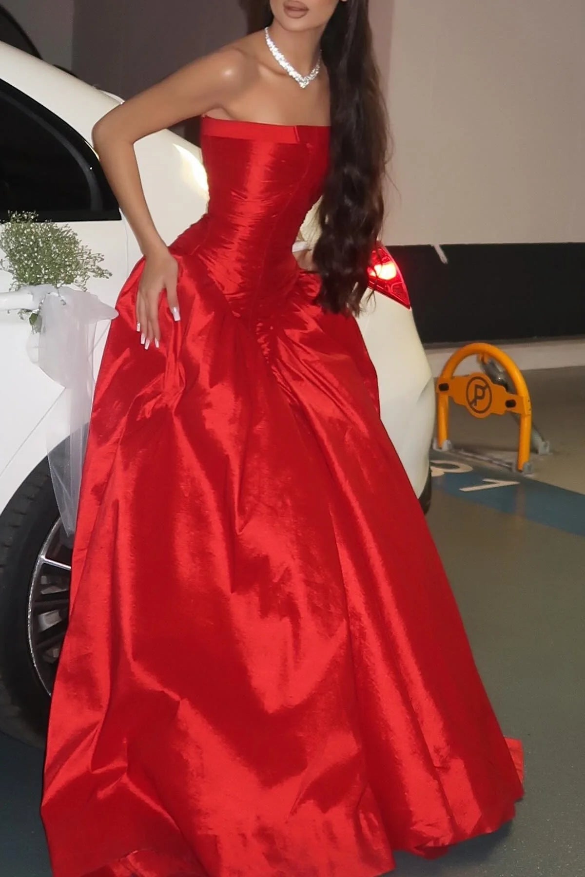 Princess A Line Strapless Red Long Unique Design Party Dress
