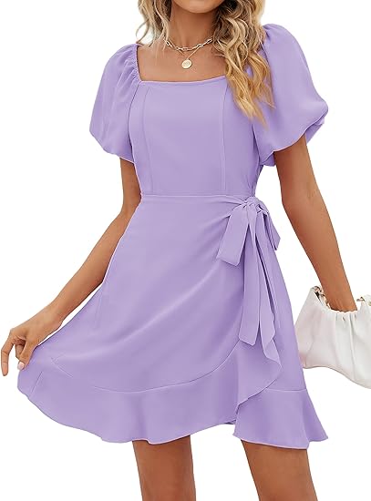 Womens Summer Dresses Square Neck Puff Sleeve Tie Waist  Homecoming Dresses