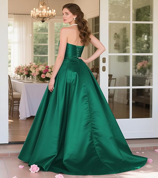 Womens Long Strapless Satin Prom Dress Sleeveless Slit Evening Ball Gown