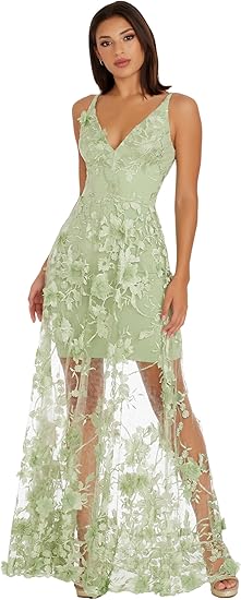 Women's Embellished Plunging Gown Sleeveless Floral Long  Evening Dress