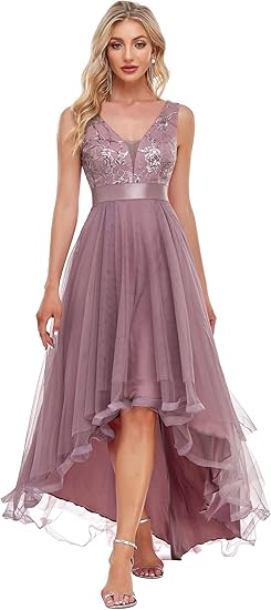 Women's V Neck Pleated Waist Short Sleeve Prom Dresses