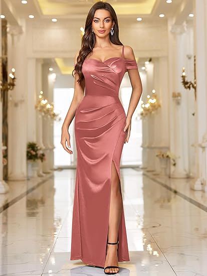Women's Sexy Off Shoulder Satin High Split Ruched Style Evening Dress