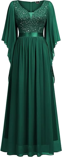 Women's Deep-V Neck Lace Contrast Sequin 3/4 Sleeve Formal Evening Dresses