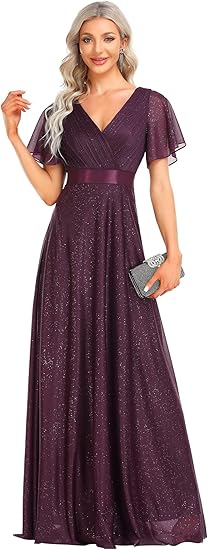 Womens Evening Dresses V Neck Short Sleeves A-line Glitter Formal Dresses