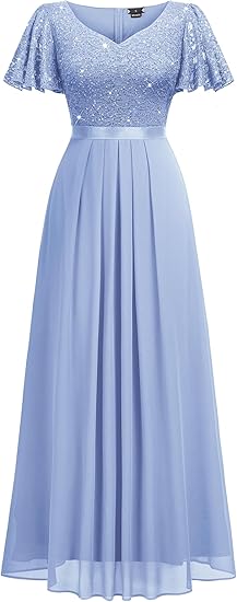 Women's Retro V-Neck Ruffle Sleeve Sequined Floral Lace Bridesmaid Party Evening Dresses