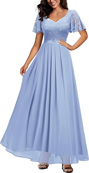 Women's Retro V-Neck Ruffle Sleeve Sequined Floral Lace Bridesmaid Party Evening Dresses