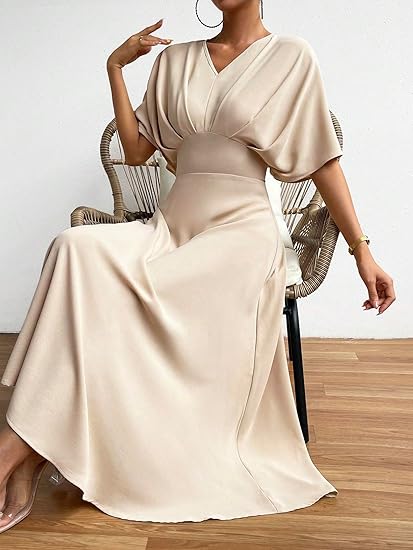 Women's V Neck Half Sleeve Ruched Cocktail Evening A Line Long Dress