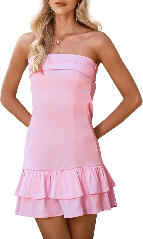 Women Strapless Tiered Layer Hem Backless Homecoming Dresses