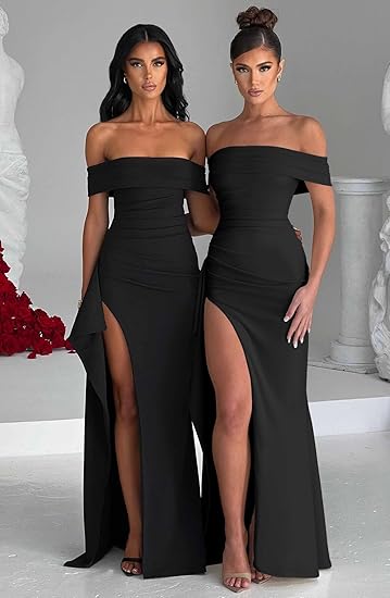 Women's Elegant Bodycon Off Shoulder Sleeveless High Split Ruched Long Formal Evening Dress