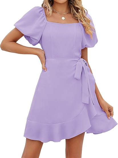 Womens Summer Dresses Square Neck Puff Sleeve Tie Waist  Homecoming Dresses