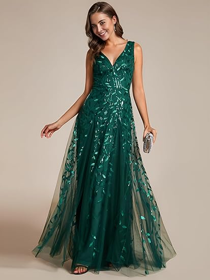 Women's Sexy Sleeveless V-Neck Evening Gowns Empire Waist Sequin Embroidery Formal Dress