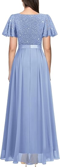 Women's Retro V-Neck Ruffle Sleeve Sequined Floral Lace Bridesmaid Party Evening Dresses