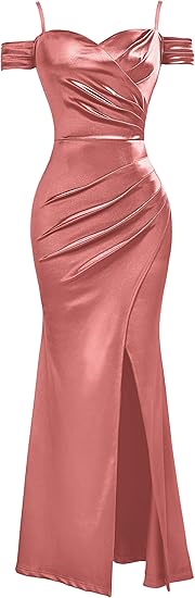 Women's Sexy Off Shoulder Satin High Split Ruched Style Evening Dress