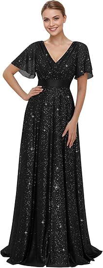 V Neck Short Sleeves A-line Glitter Full Of Charm Evening Dress