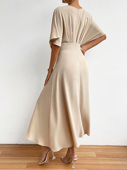 Women's V Neck Half Sleeve Ruched Cocktail Evening A Line Long Dress