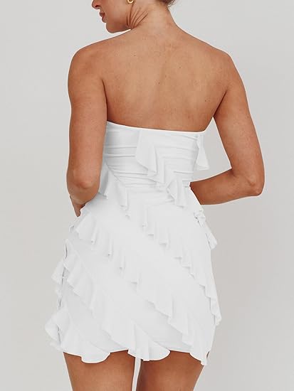 Women's Sexy Strapless Tube Top Bodycon Sleeveless Ruffle Mini Homecoming Dresses