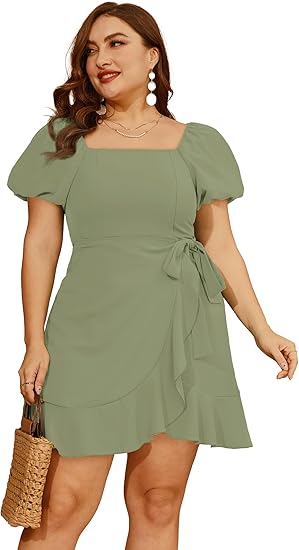 Womens Summer Dresses Square Neck Puff Sleeve Tie Waist Homecoming Dresses