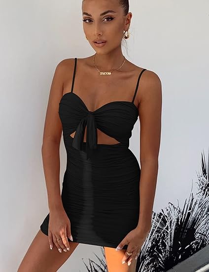 Women's Sexy Bodycon Cut Out Ruched Backless Spaghetti Strap Mini Homecoming Dresses