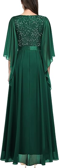 Women's Deep-V Neck Lace Contrast Sequin 3/4 Sleeve Formal Evening Dresses