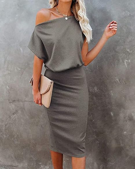 The Shoulder Short Sleeve Ribbed Casual Party Full Of Charm Evening Dress