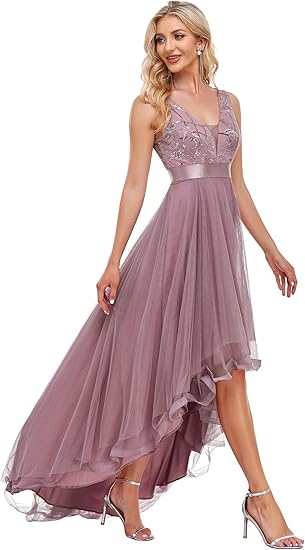 Women's V Neck Pleated Waist Short Sleeve Prom Dresses