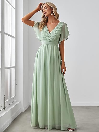 Women's Bridesmaid Dress V-Neck Ruffle Sleeves Ruched Bust Floor Length Chiffon Formal Dresses