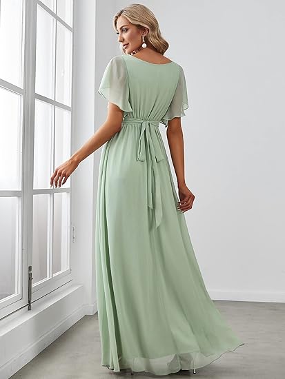 Women's Bridesmaid Dress V-Neck Ruffle Sleeves Ruched Bust Floor Length Chiffon Formal Dresses