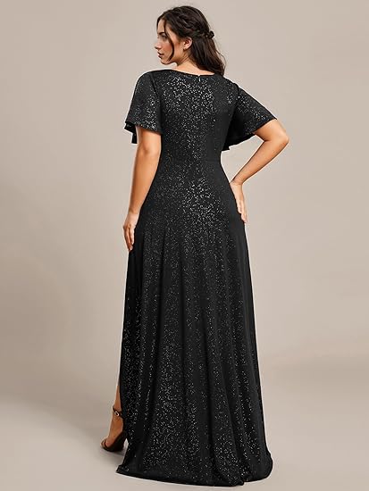 Women's Glitter Stretchy V Neck A-line High Low Plus Size Formal Dresses