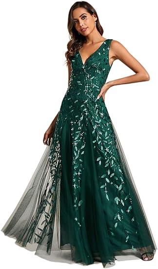 Women's Sexy Sleeveless V-Neck Evening Gowns Empire Waist Sequin Embroidery Formal Dress